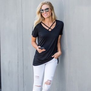 Amaryllis Black Short Sleeve V-Neck Tee with Strappy Detail